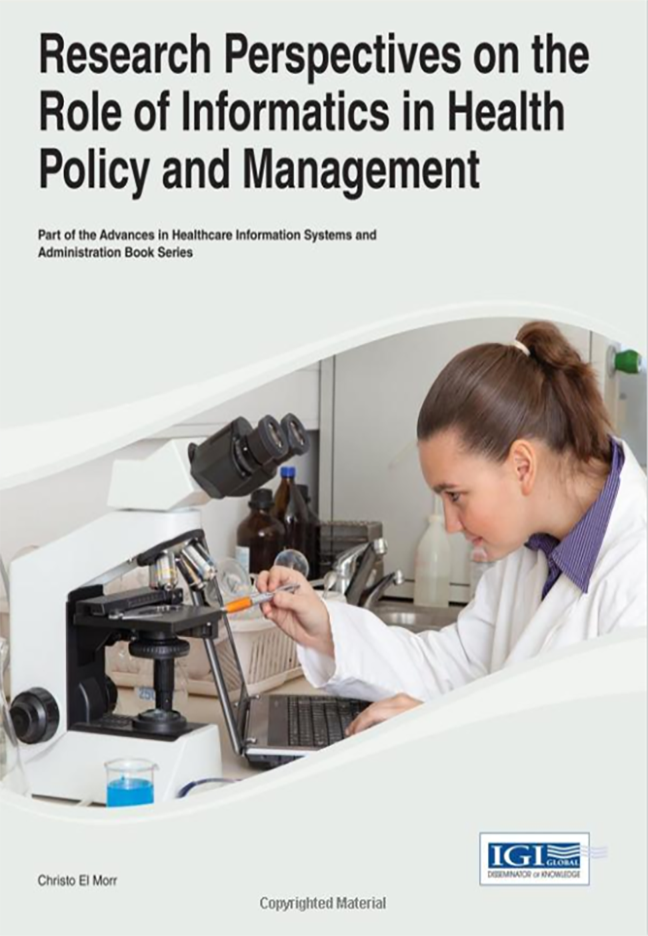Cover for the Research Perspectives on the Role of Informatics in Health Policy and Management. It shows a women in a lab looking at some tools in front of her