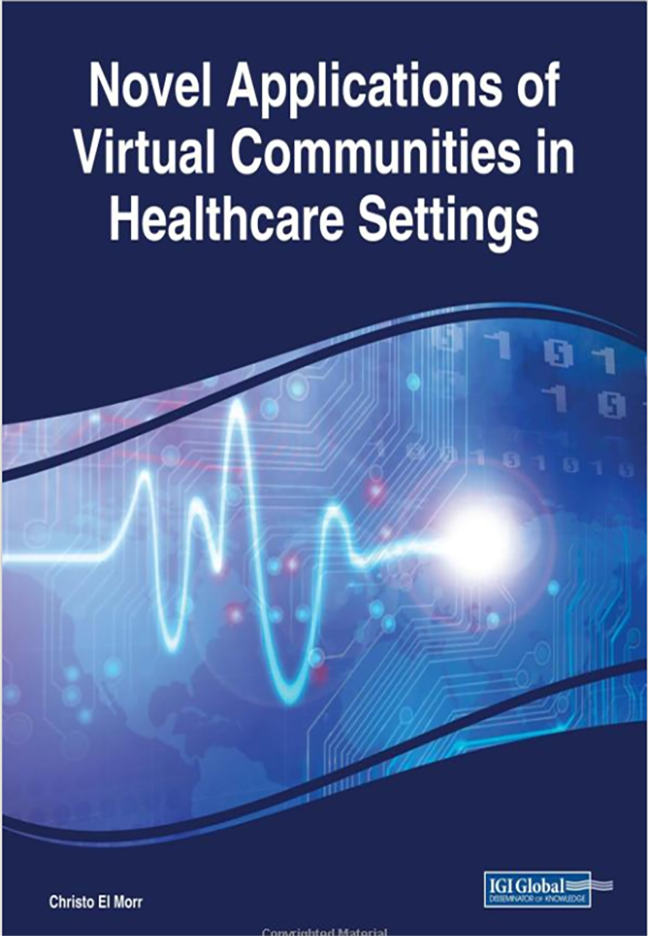 Cover for the Novel Applications of Virtual Communities in Healthcare Settings book. It shows the heart bit signal on top of the world map and some signs related to computers such as the numbers zero and one.