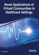 Cover for the Novel Applications of Virtual Communities in Healthcare Settings book. It shows the heart bit signal on top of the world map and some signs related to computers such as the numbers zero and one.
