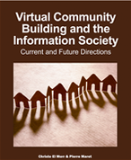 Cover for the Virtual Community Building and Information Society. It shows a series of connected houses made of paper