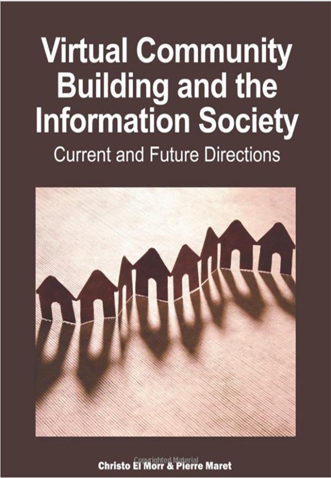 Cover for the Virtual Community Building and Information Society. It shows a series of connected houses made of paper